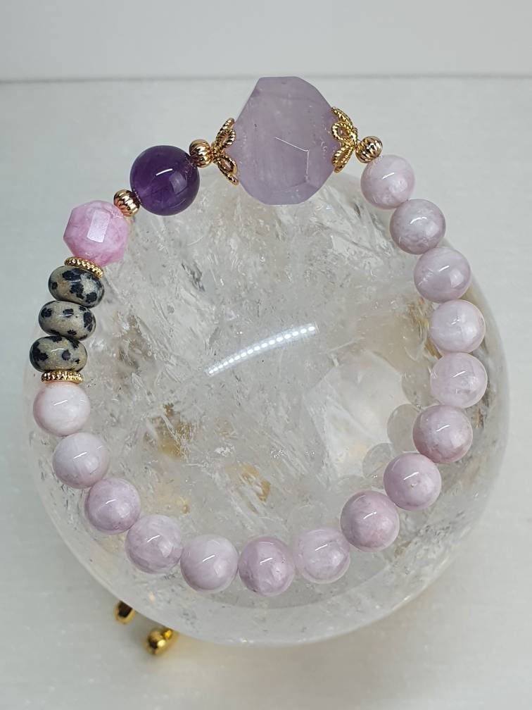 Handcrafted bracelet with Kunzite (8mm), Amethyst and Purple Angelite