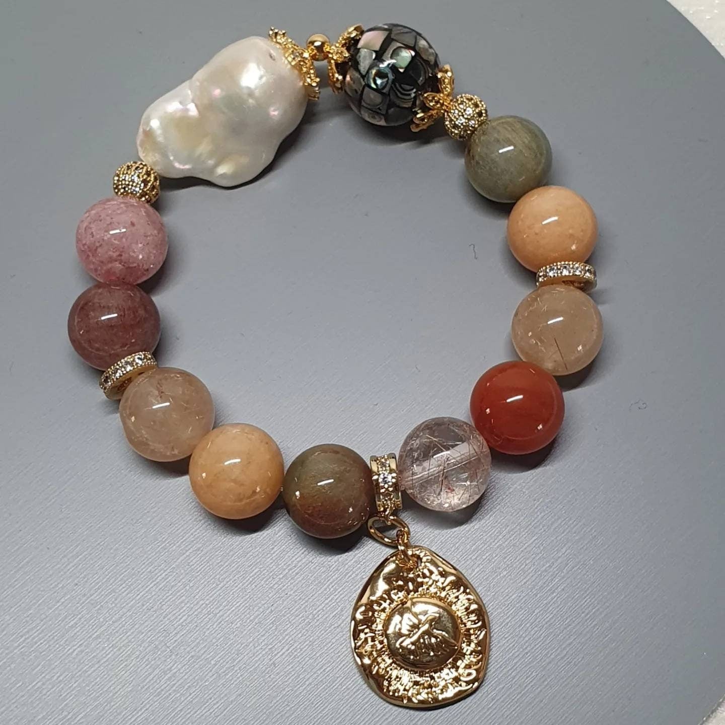 Handcrafted bracelet with AA Freshwater Baroque Pearl, Abalone Shell Mosaic and Mix Rutilated Quartz