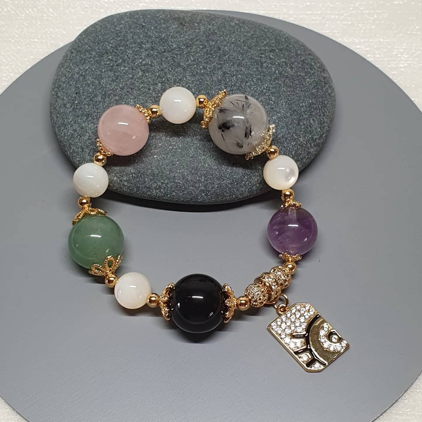 Handcrafted bracelet with Mother of Pearl, Black Rutilated Quartz (16mm), Ametrine, Rainbow Obsidian(16mm), Green Aventurine & Rose Quartz