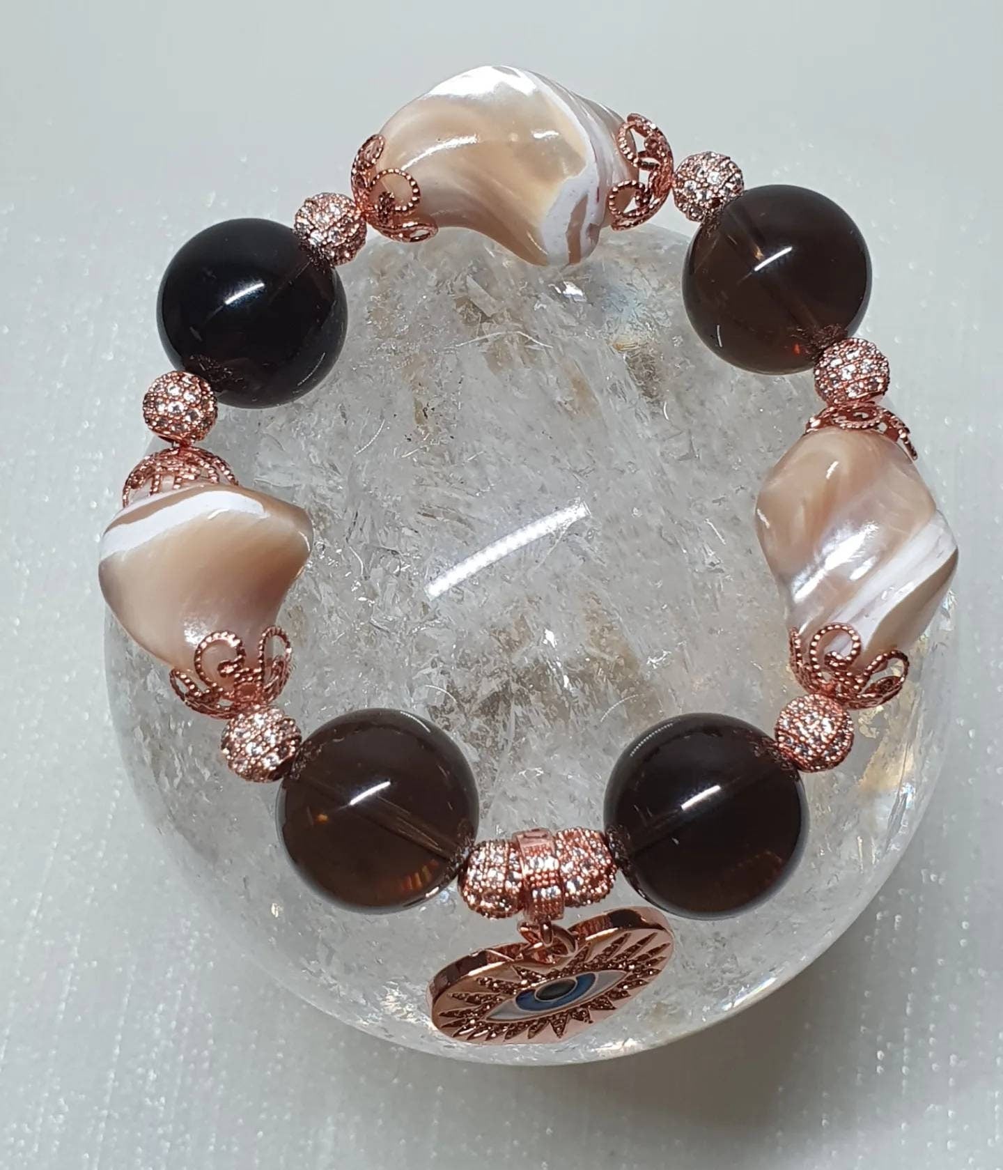 Handcrafted bracelet with Premium Quality Smoky Quartz (16mm) and irregular shape of Mother of Pearl