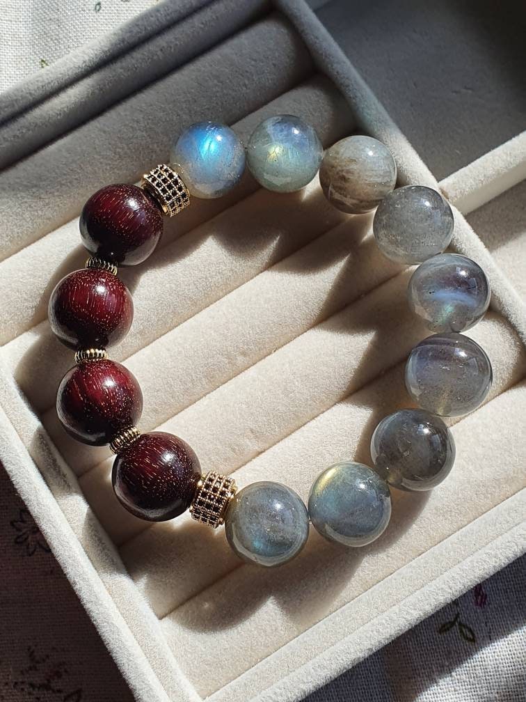Handcrafted men/ unisex bracelet with premium quality Blue Light Grey Moonstone (14mm) and African Sandalwood (15mm)