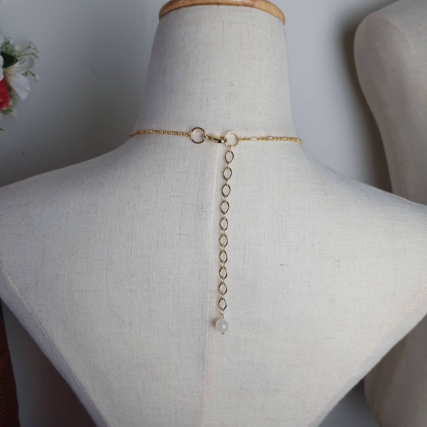 Handcrafted necklace with high quality Blue Light Moonstone, Tibetan Dzi and Faceted Clear Quartz