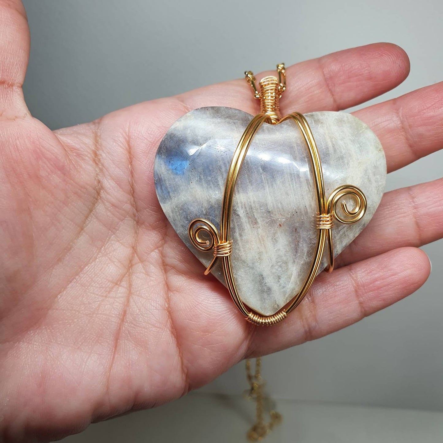 Handcrafted necklace with high quality Blue Light Moonstone, Tibetan Dzi and Faceted Clear Quartz