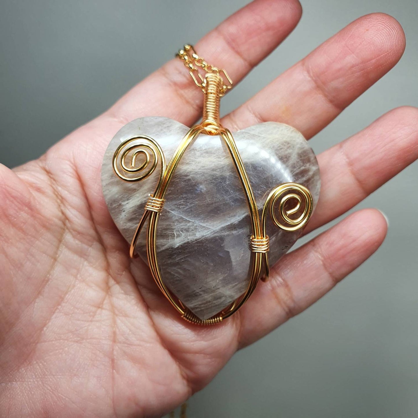 Handcrafted necklace with high quality Blue Light Moonstone, Tibetan Dzi and Faceted Clear Quartz