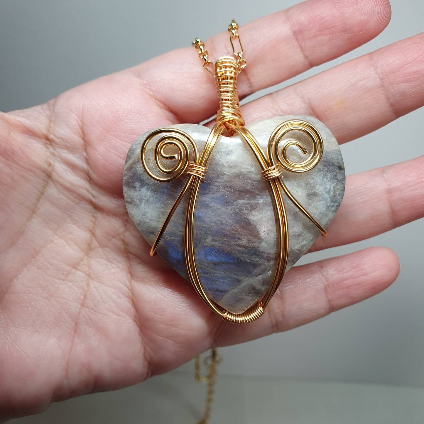 Handcrafted necklace with high quality Blue Light Moonstone, Tibetan Dzi and Faceted Clear Quartz