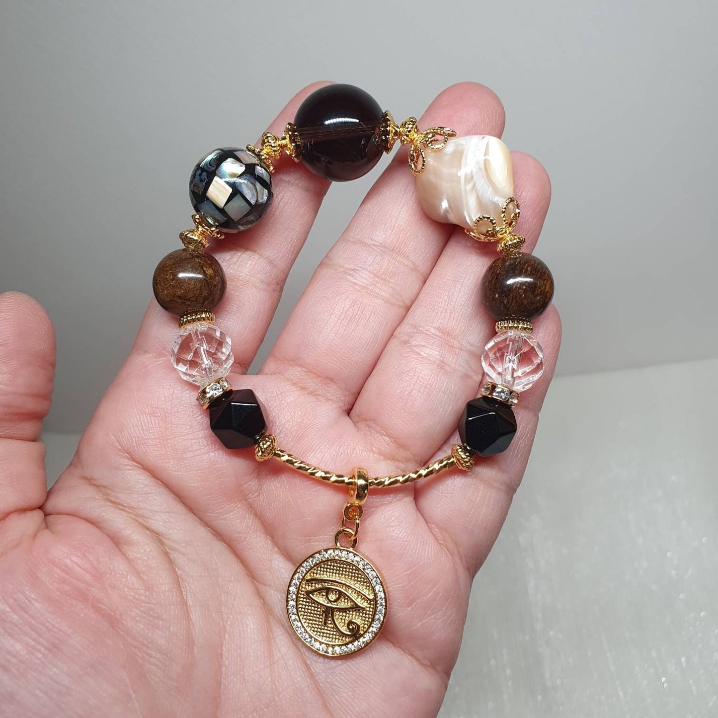 Handcrafted bracelet with Premium Quality Smoky Quartz, Mother of Pearl, Mosaic Abalone bead, Bronzite and Black Agate