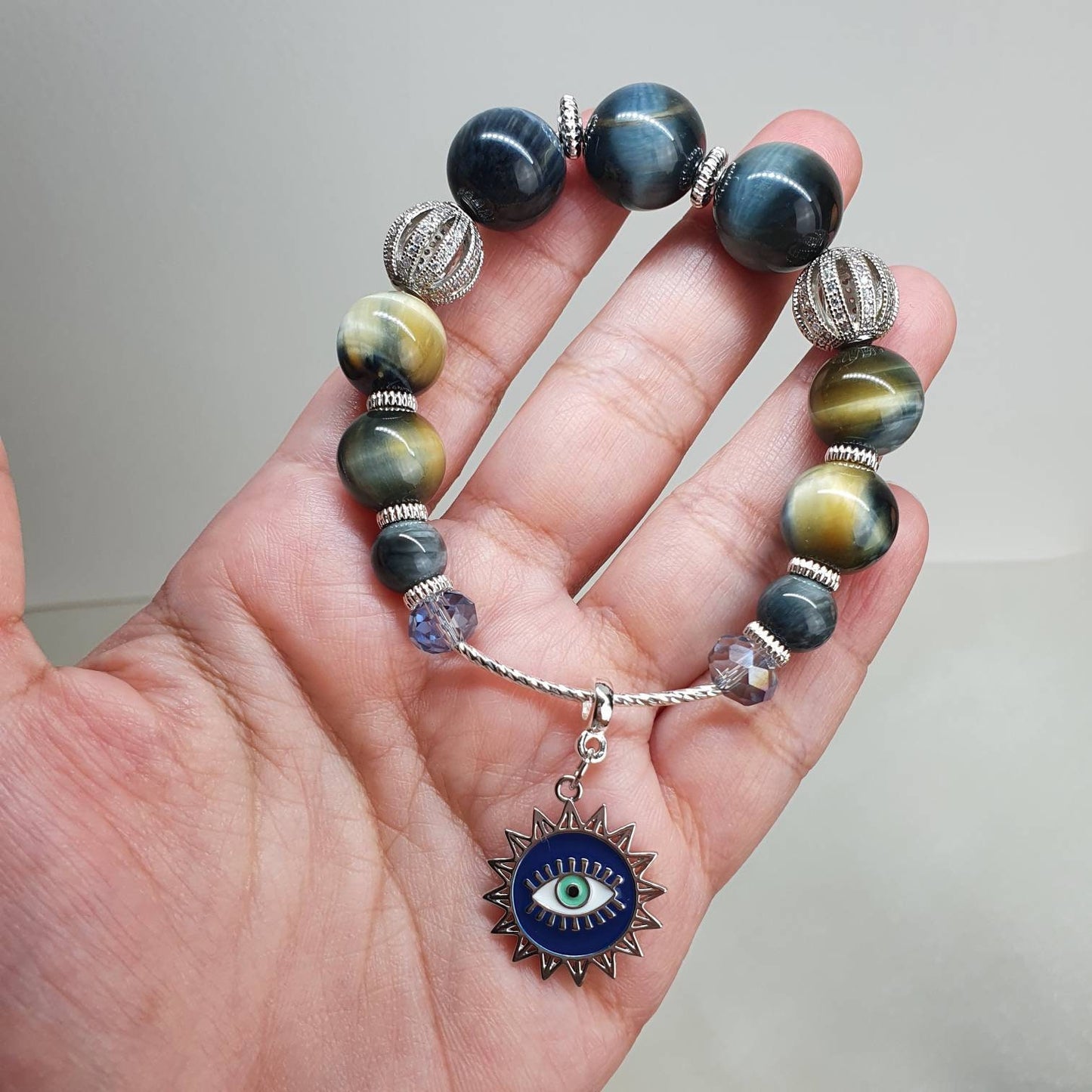 Handcrafted men/ unisex bracelet with beautiful Hawk's Blue Tiger Eye (14mm), Dreamy Tiger Eye (12mm) and Hawk Eye