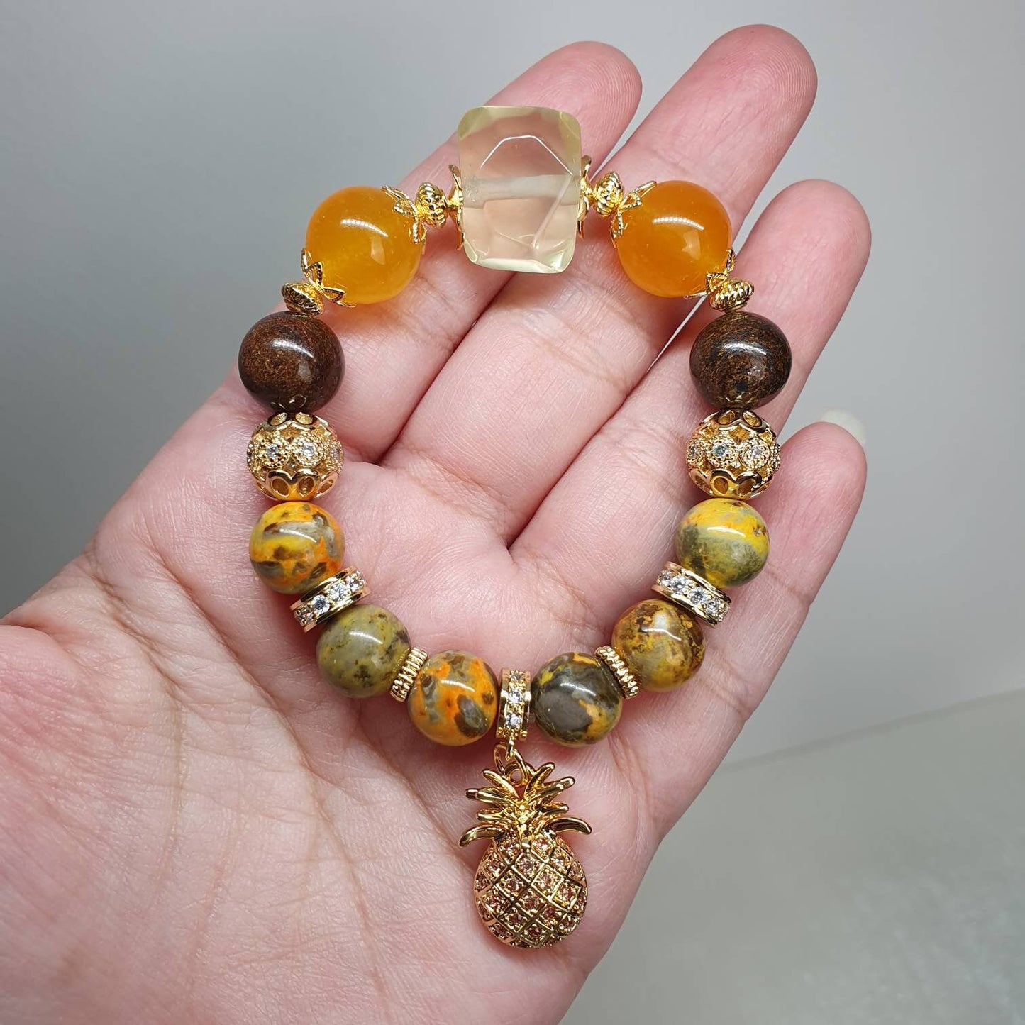 Handcrafted bracelet with Lemon Quartz, Orange Jade, Bronzite and Bumblebee Jasper