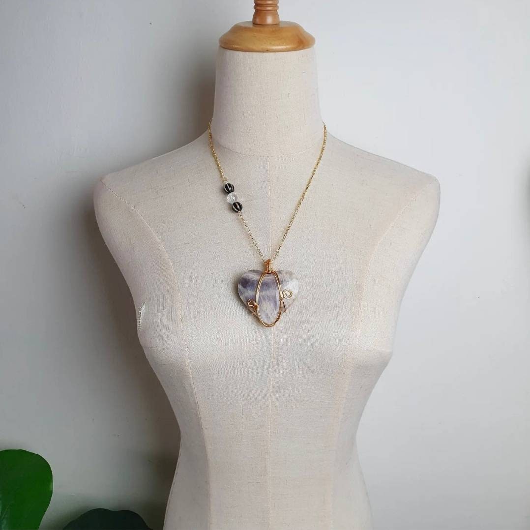 Handcrafted necklace with high quality Blue Light Moonstone, Tibetan Dzi and Faceted Clear Quartz