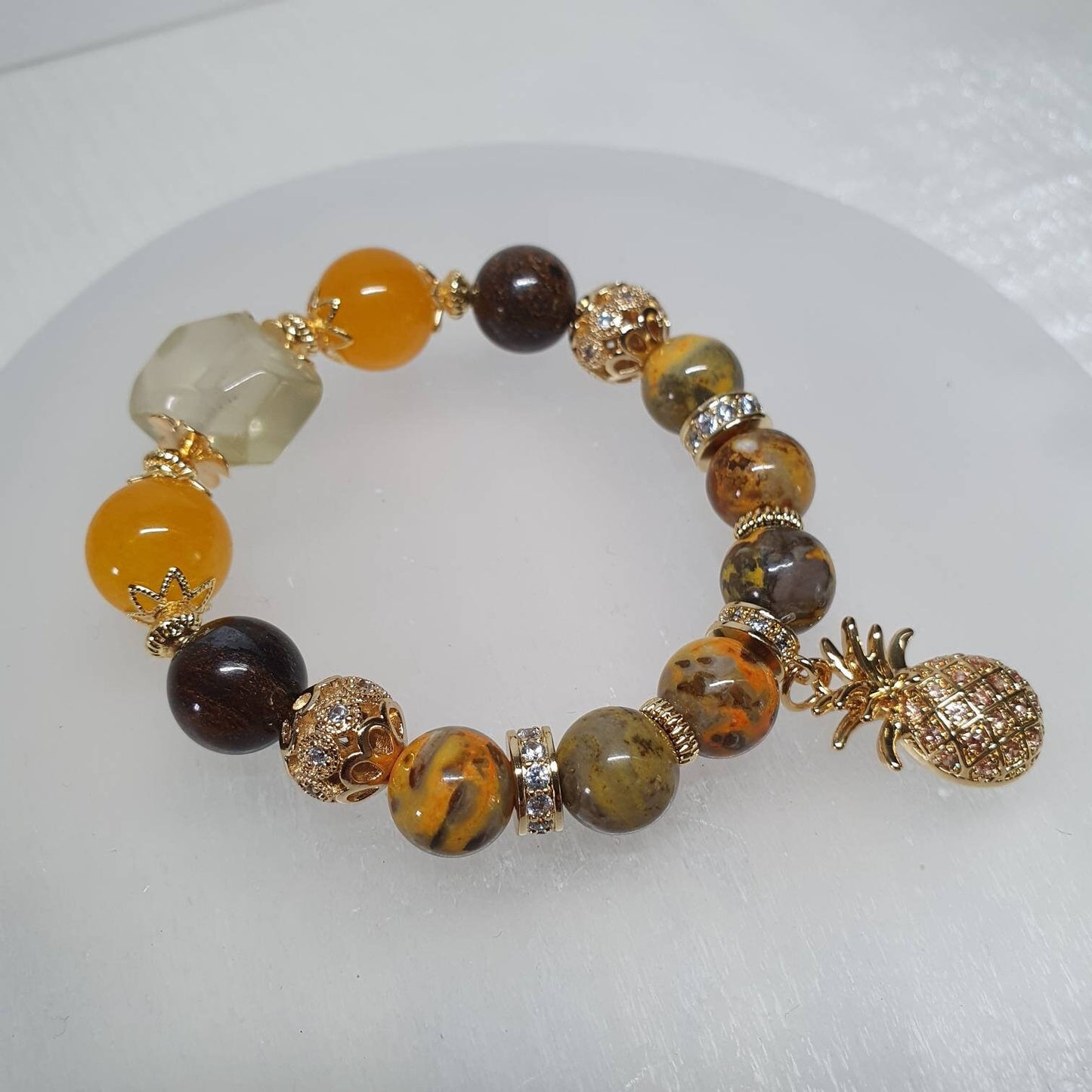 Handcrafted bracelet with Lemon Quartz, Orange Jade, Bronzite and Bumblebee Jasper