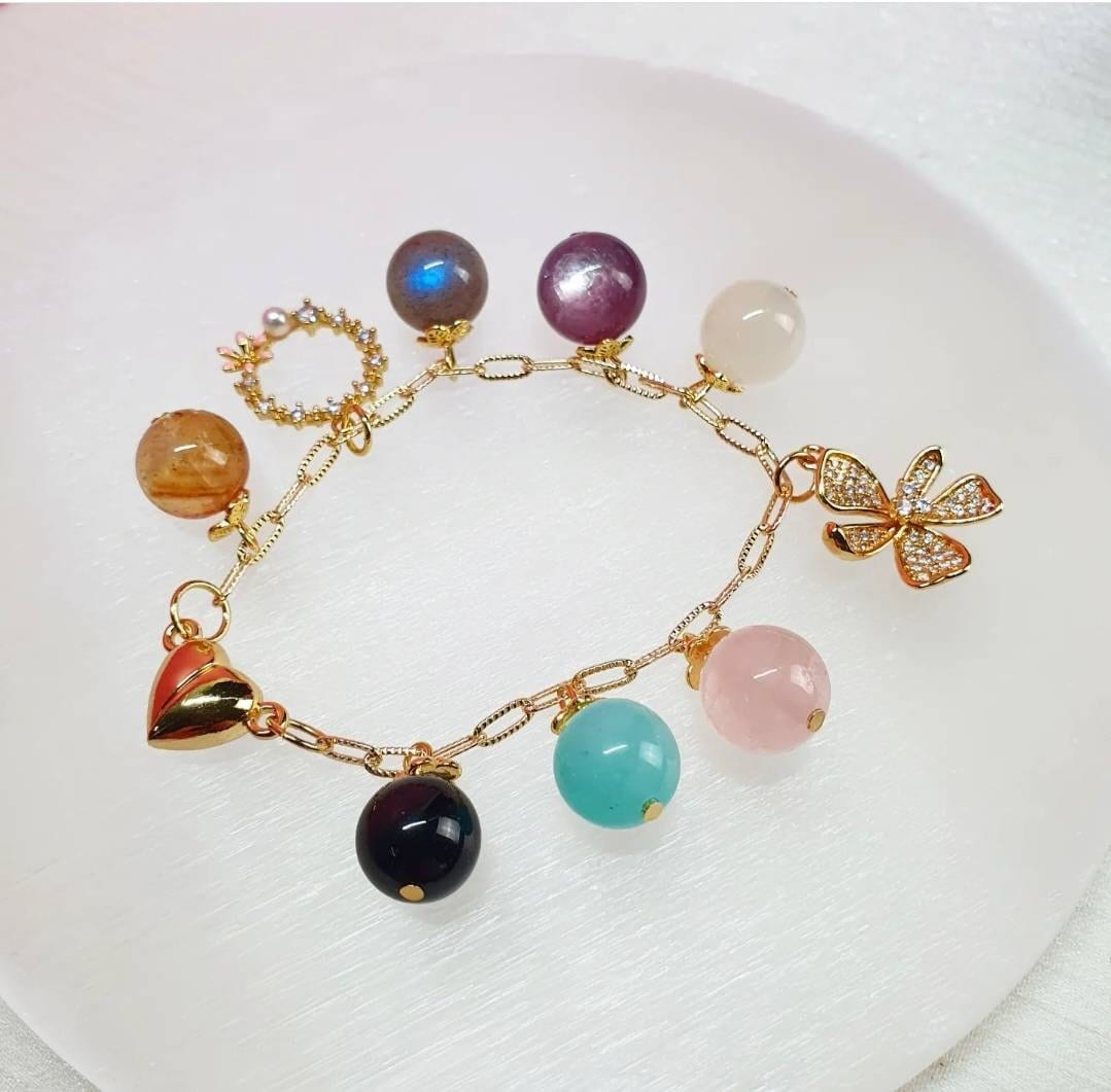Handcrafted bracelet with Black Tourmaline, Amazonite, Rose Quartz, Moonstone, Purple Lepidolite, Labradorite and Citrine