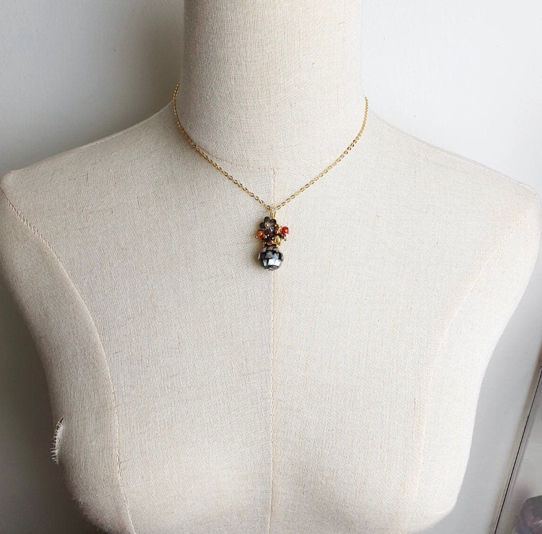 Handcrafted necklace with Abalone Shell Mosaic bead, Black Spinel, Red Garnet and Colourful Zirconia beads