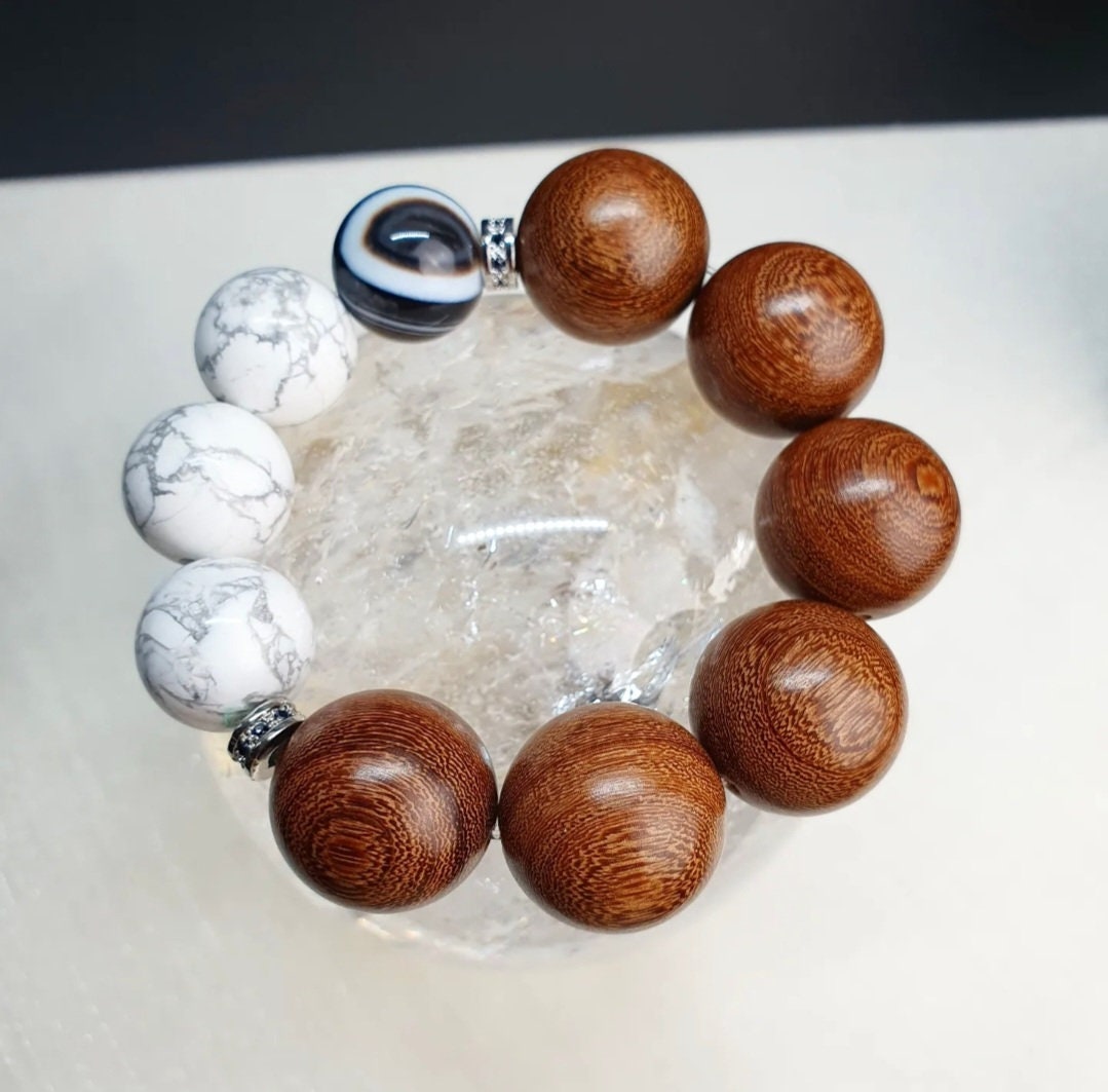 Handcrafted Men/ Unisex bracelet with High Quality White Howlite(16mm), Black Striped Agate and Vietnam Rosewood(20mm)
