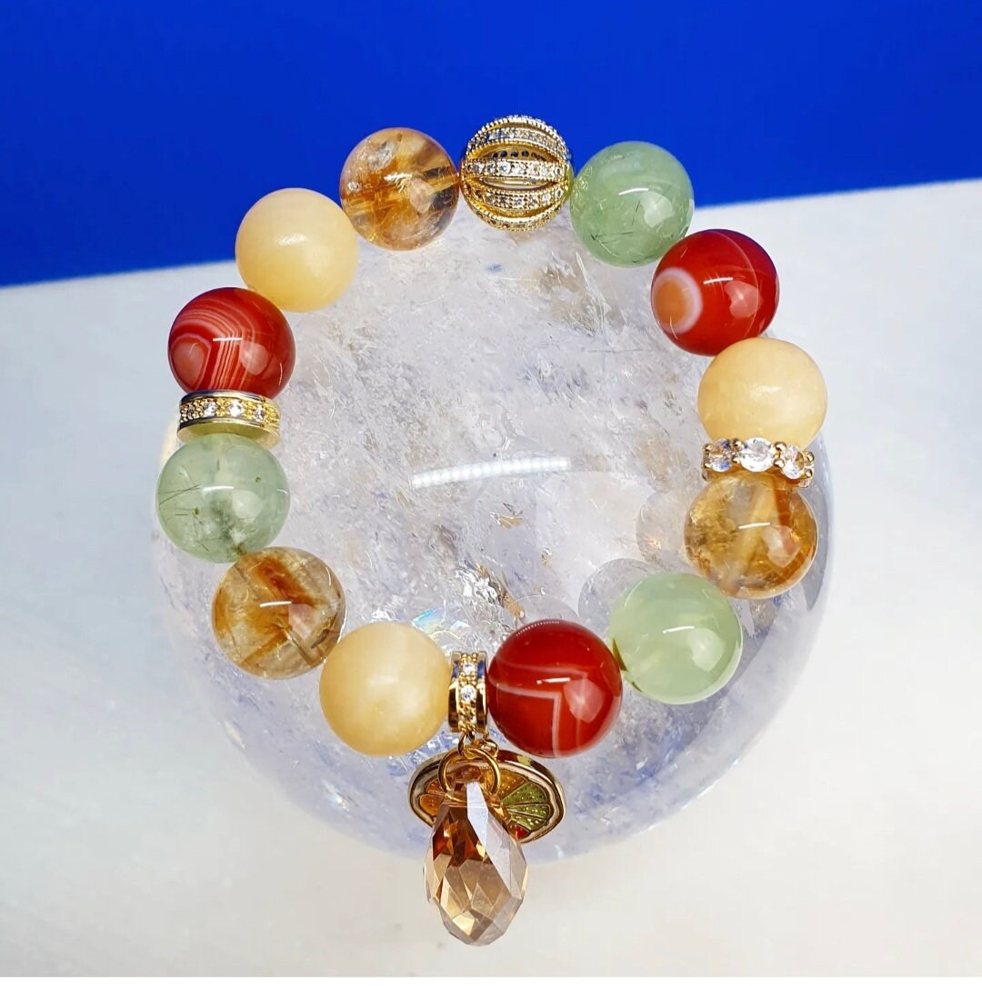 Handcrafted bracelet with Carnelian, Honey Jade, Citrine and Prehnite