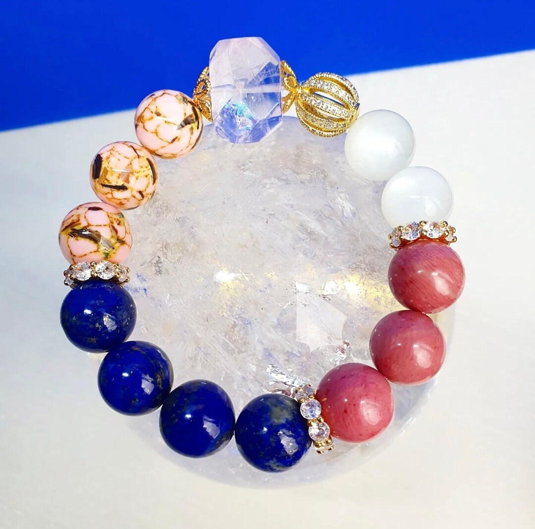 Handcrafted bracelet with Amethyst, Lapis Lazuli, Rhodonite and Moonstone (12mm)