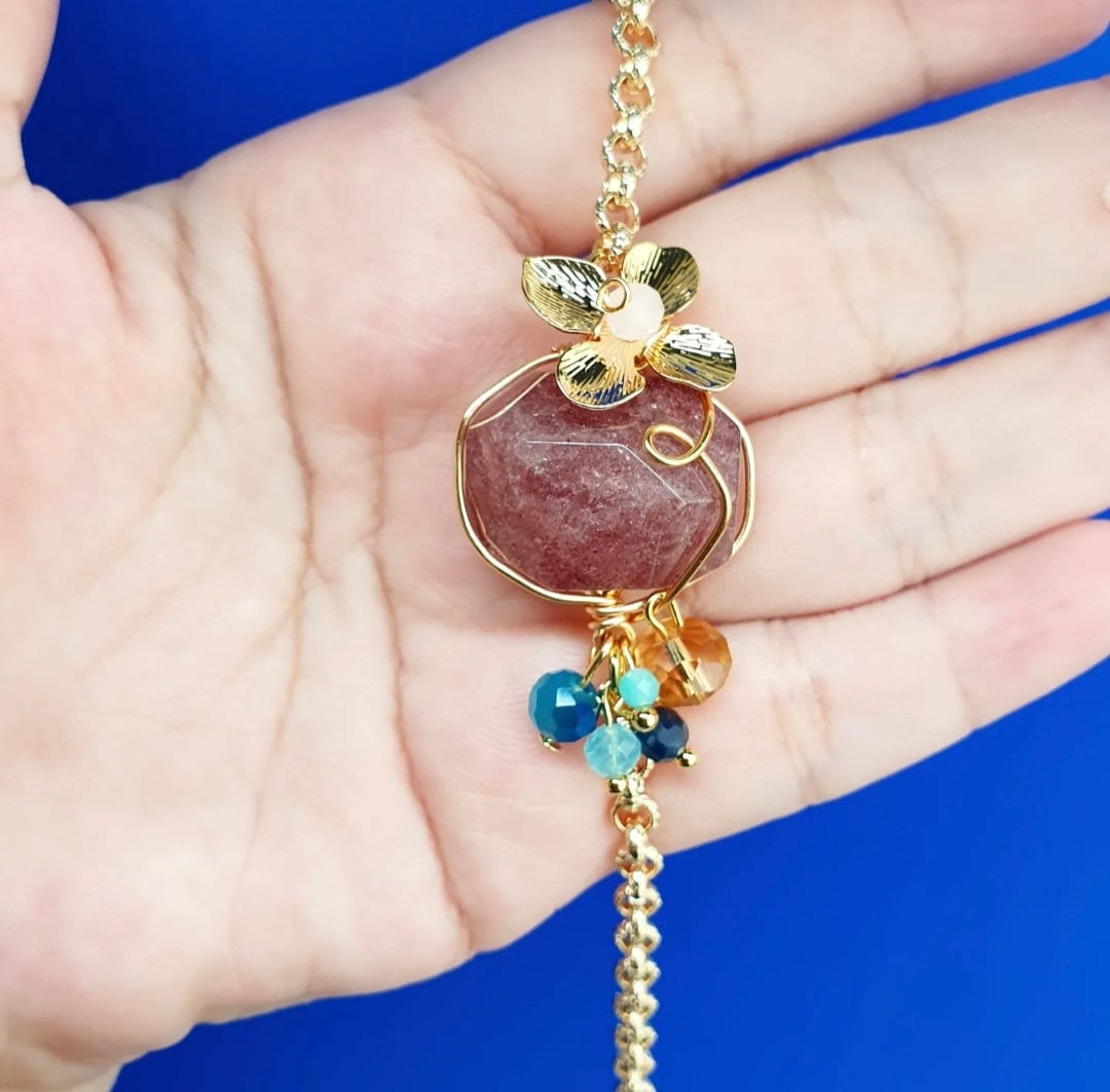 Handcrafted bracelet with Strawberry Quartz, Rise Quartz, Amazonite, Blue Sapphire and Blue Chalcedony