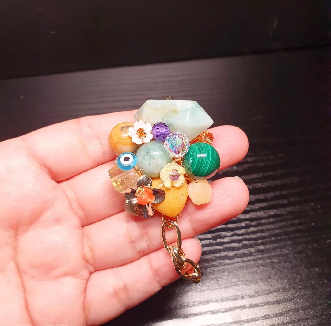 Handcrafted bracelet with Amazonite, Malachite, Hetian Jade, Crazy Agate, Citrine, Yellow Jade and Carnelian