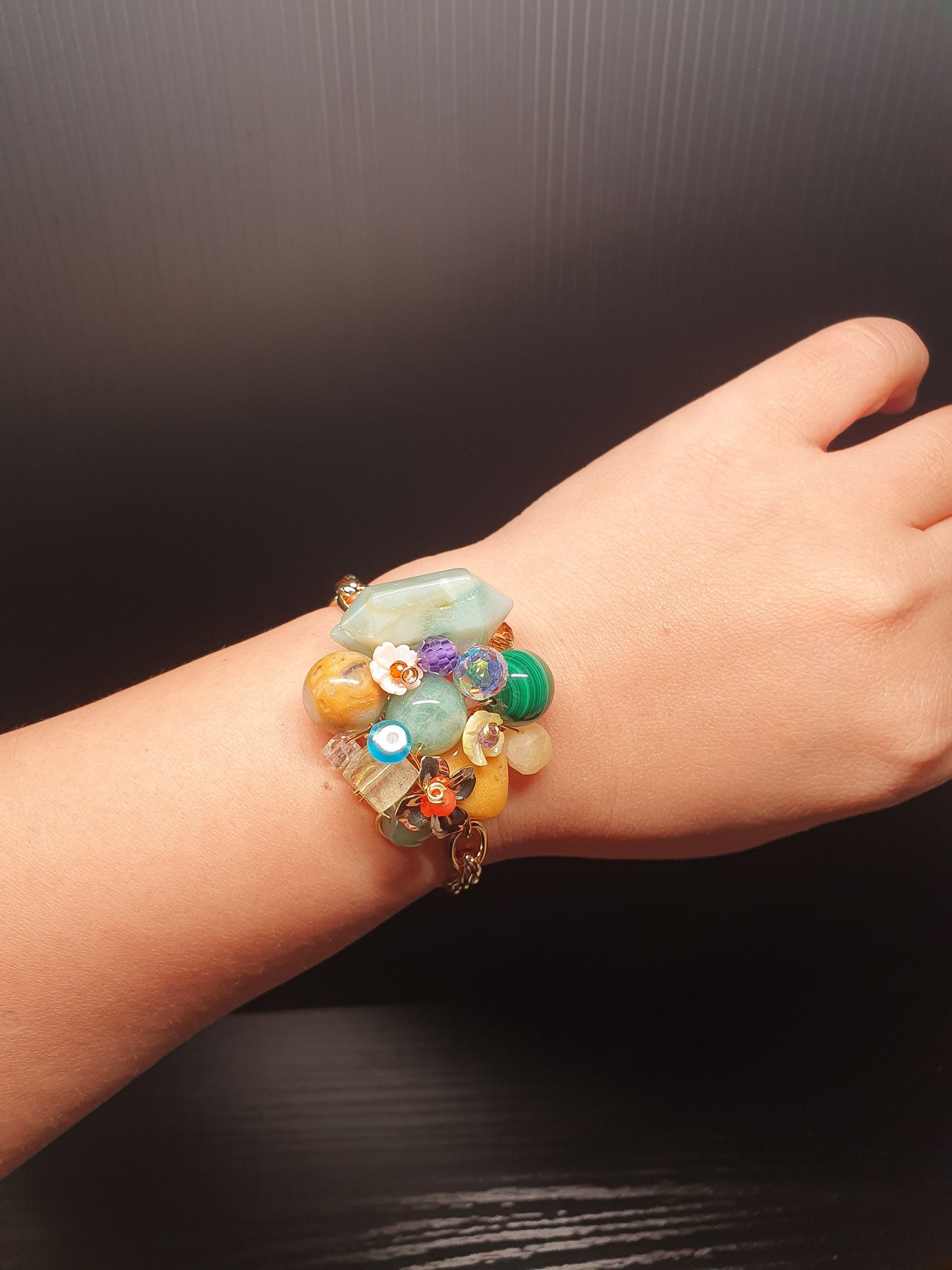Handcrafted bracelet with Amazonite, Malachite, Hetian Jade, Crazy Agate, Citrine, Yellow Jade and Carnelian