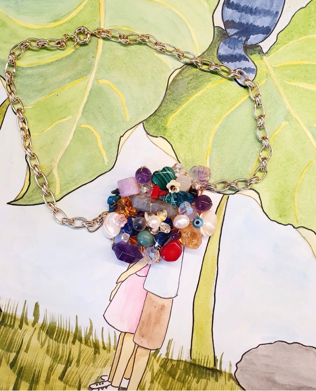 Handcrafted statement necklace with Labradorite, Malachite, Moonstone, Amethyst, Citrine, Lapis Lazuli, Amber, Silver Obsidian