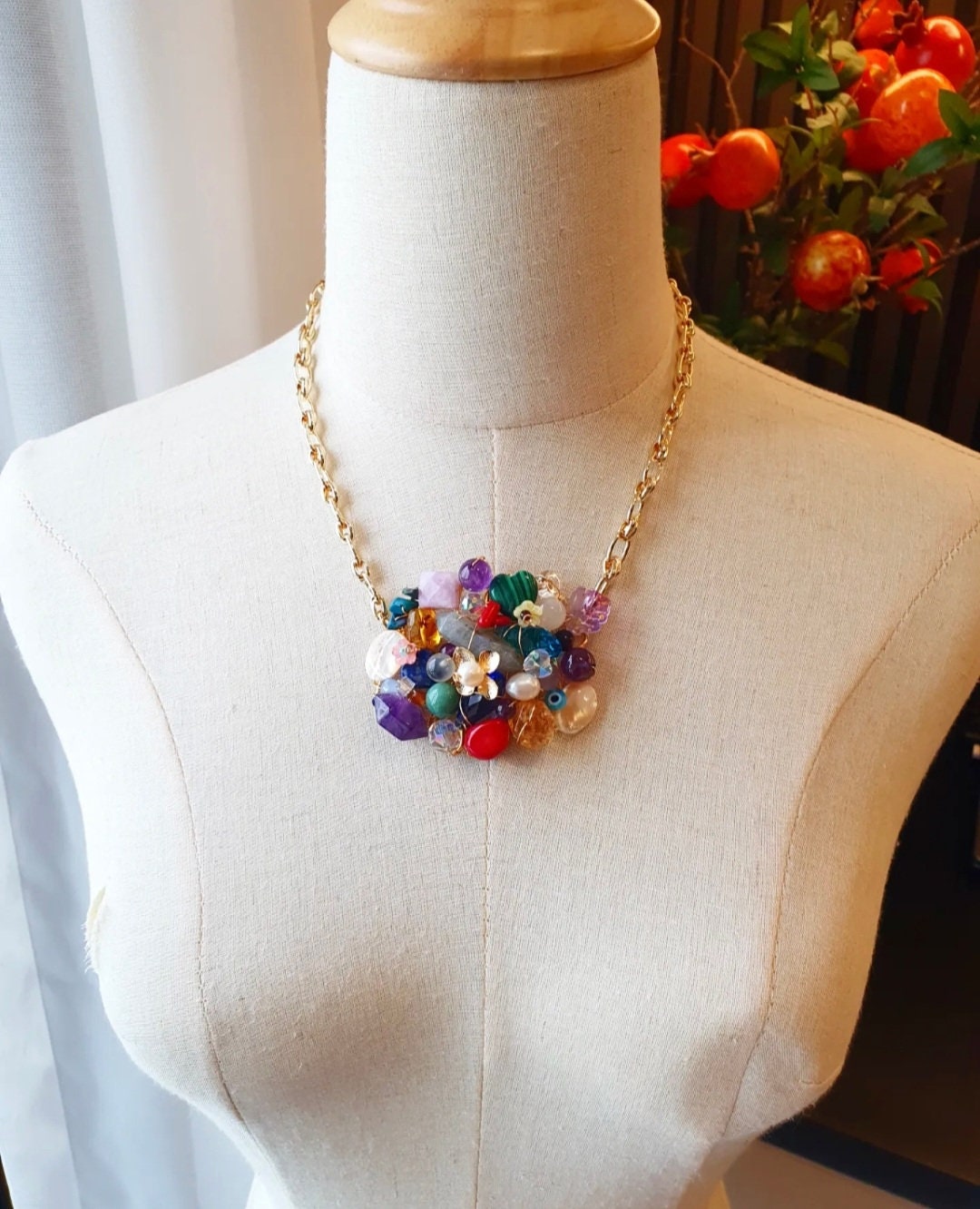 Handcrafted statement necklace with Labradorite, Malachite, Moonstone, Amethyst, Citrine, Lapis Lazuli, Amber, Silver Obsidian