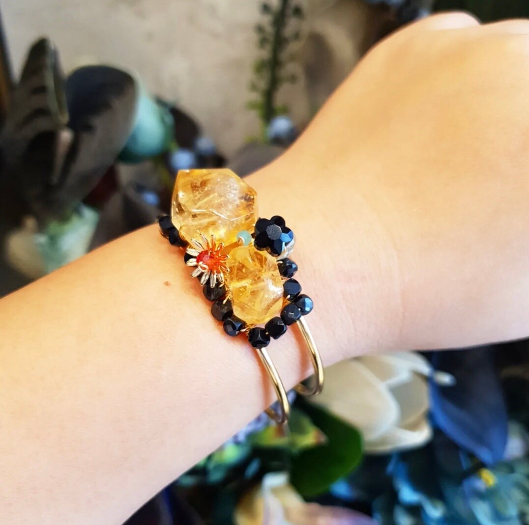 Handcrafted Bangle with Citrine, black spinel, Amazonite