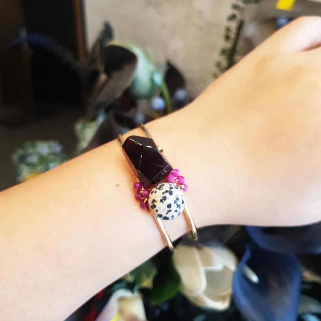 Handcrafted Bangle with Smoky Quartz, Dalmatian Jasper and Ruby