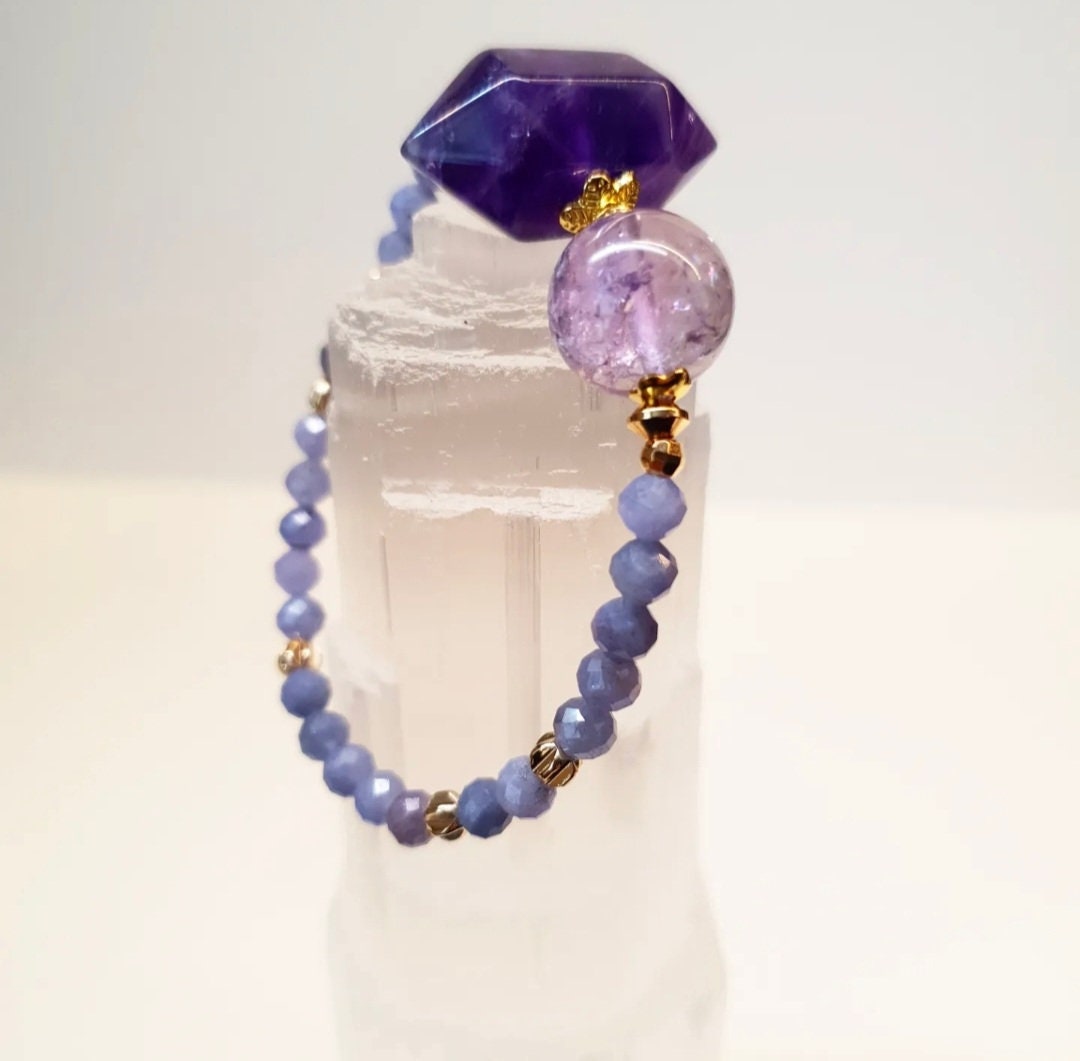 Handcrafted bracelet with double terminated Amethyst, Ametrine (12mm) and Tanzanite (4mm)