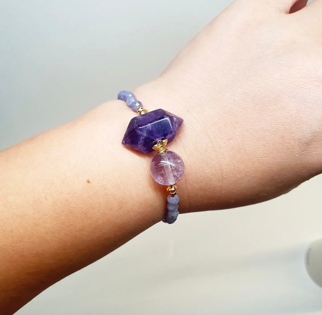 Handcrafted bracelet with double terminated Amethyst, Ametrine (12mm) and Tanzanite (4mm)