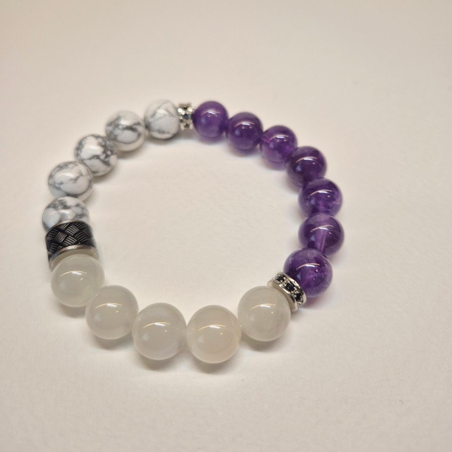 Handcrafted unisex bracelet with Amethyst (10mm), Moonstone and Howlite to assist in better sleep