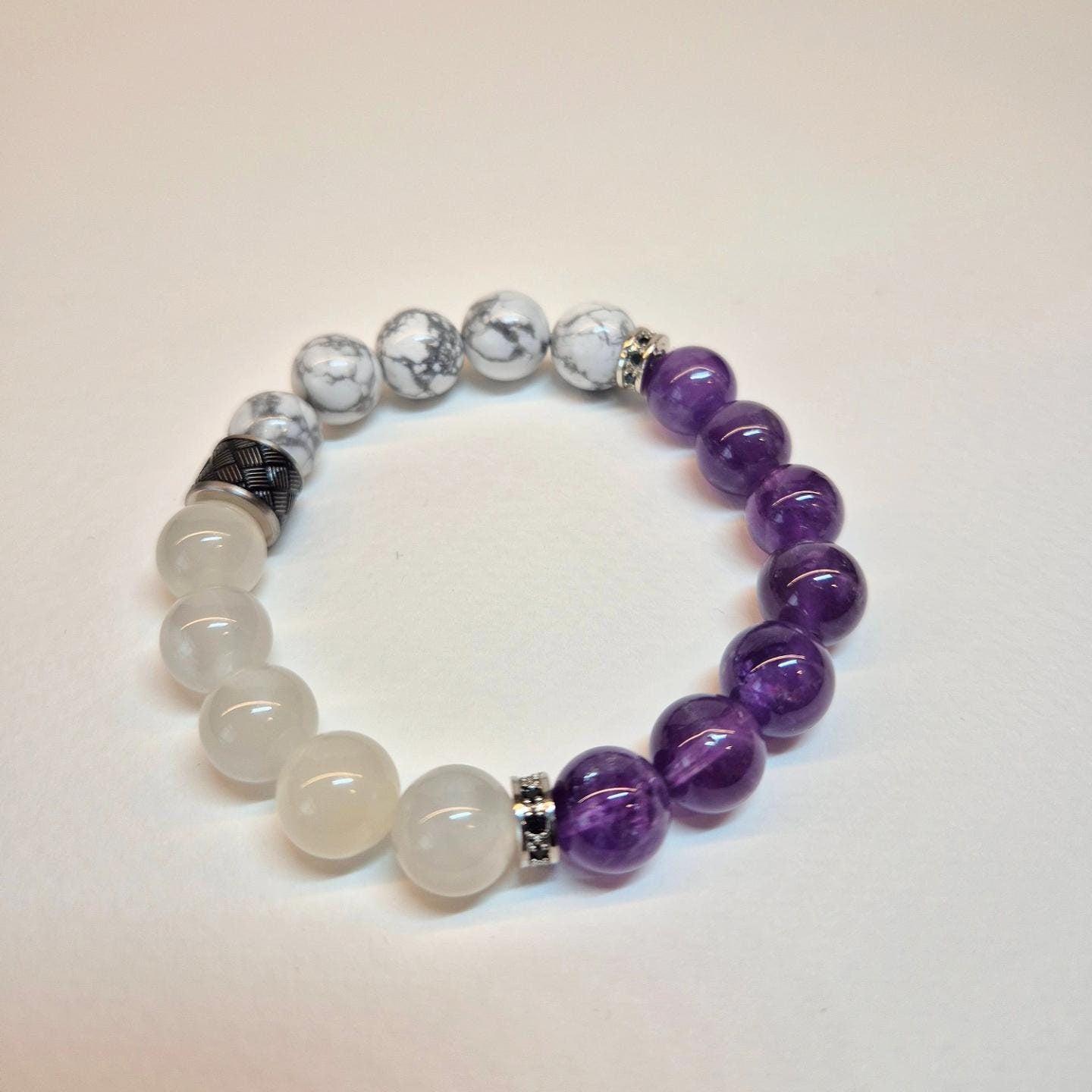 Handcrafted unisex bracelet with Amethyst (10mm), Moonstone and Howlite to assist in better sleep
