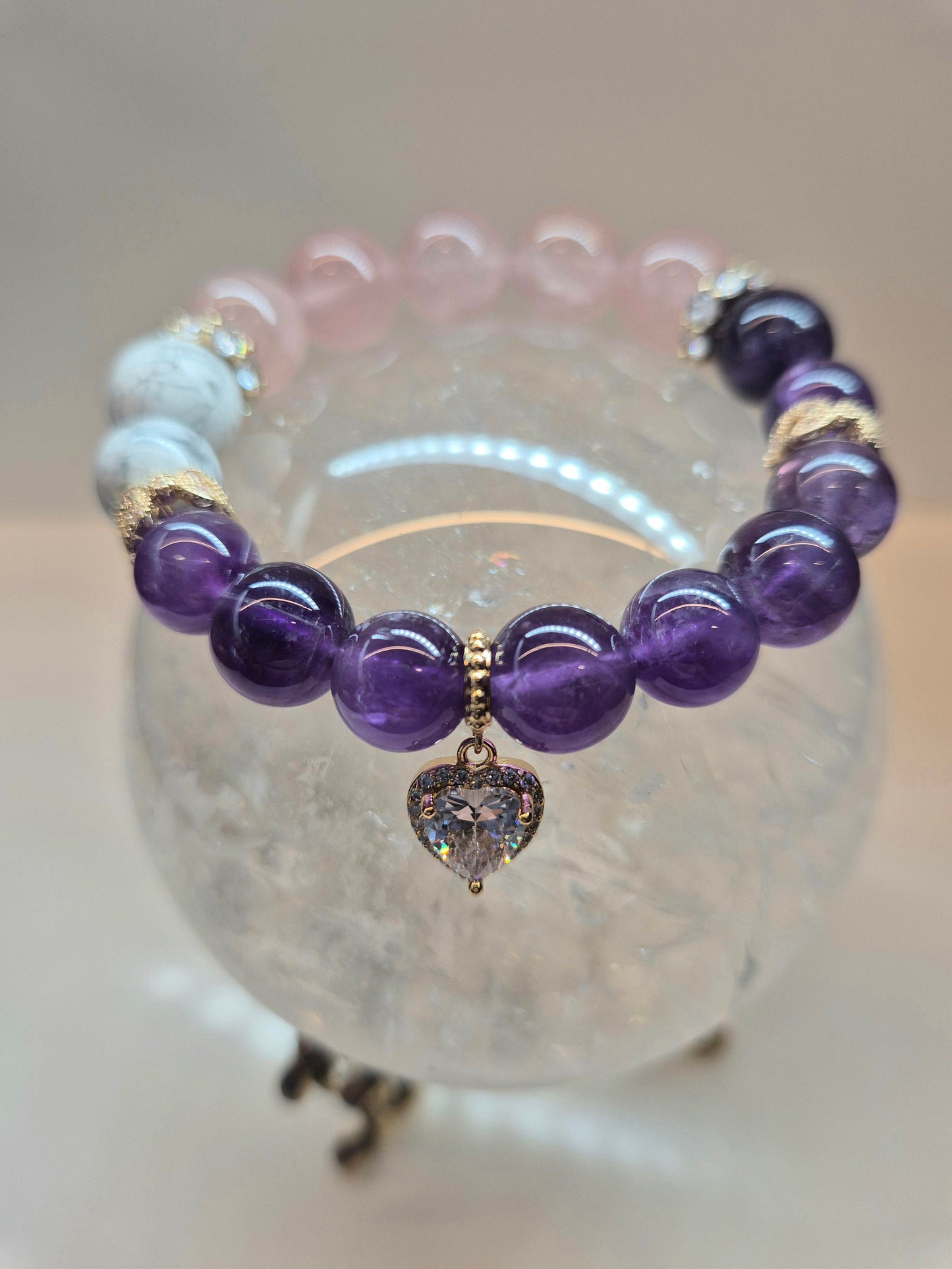 Handcrafted bracelet with Amethyst, Rose Quartz and Howlite to assist in alleviating anxiety