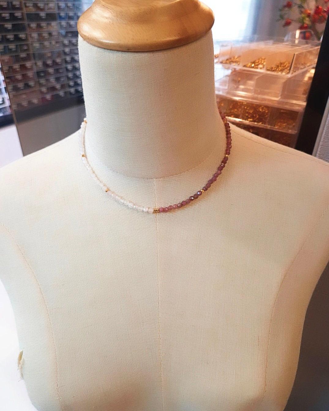 Handcrafted necklace with Pink Tourmaline (4mm) and Rose Quartz (4mm)