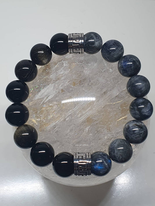 Handcrafted Men/ Unisex bracelet with AA Grey Labradorite (12mm) and Golden Sheen Obsidian (12mm)