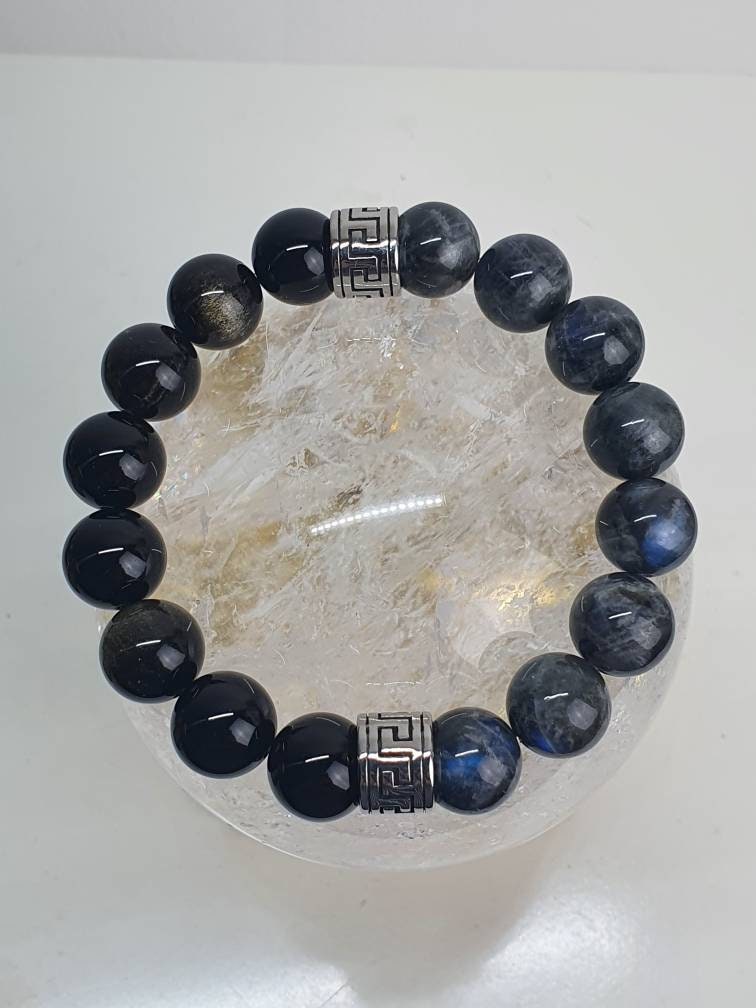 Handcrafted Men/ Unisex bracelet with AA Grey Labradorite (12mm) and Golden Sheen Obsidian (12mm)