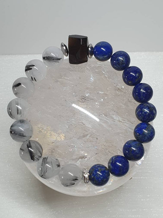 Handcrafted Men/ Unisex bracelet with Black Rutilated Quartz (12mm), Lapis Lazuli (10mm) and Smoky Quartz