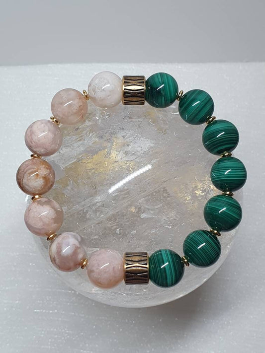 Handcrafted Men/Unisex bracelet with Sakura Cherry Blossom (12mm/Madagascar) & Malachite (12mm/South Africa)