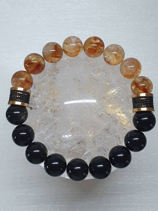 Handcrafted Unisex bracelet with Citrine (12mm) and Golden Sheen Obsidian (12mm)