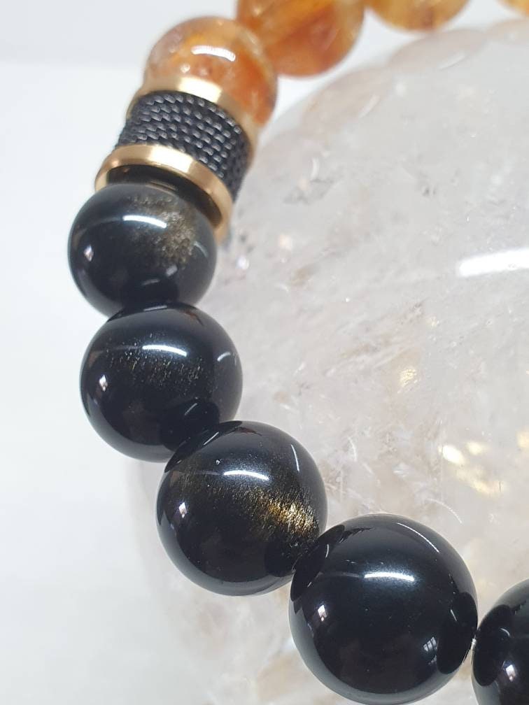 Handcrafted Unisex bracelet with Citrine (12mm) and Golden Sheen Obsidian (12mm)