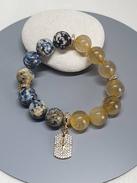 Handcrafted bracelet with Gold Rutilated Quartz (12mm)and Marine Agate (12mm)