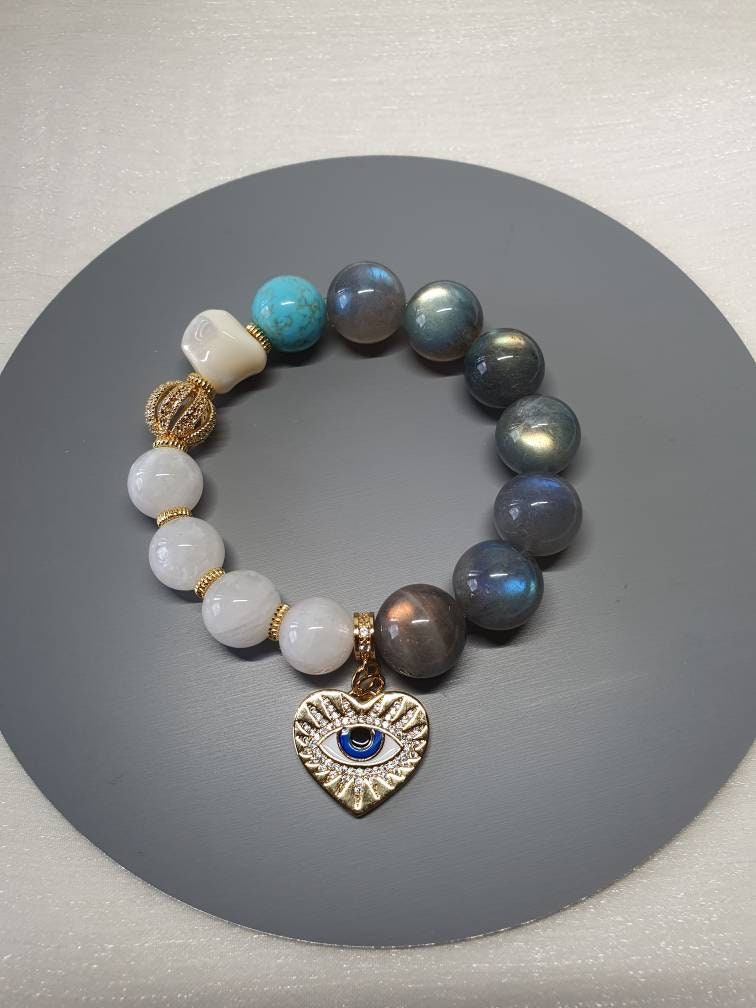 Handcrafted bracelet with premium quality Blue Light Grey Moonstone (14mm) and White Moonstone, Mother of Pearl and Blue Turquoise