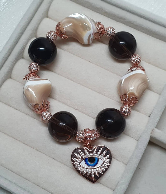 Handcrafted bracelet with Premium Quality Smoky Quartz (16mm) and irregular shape of Mother of Pearl