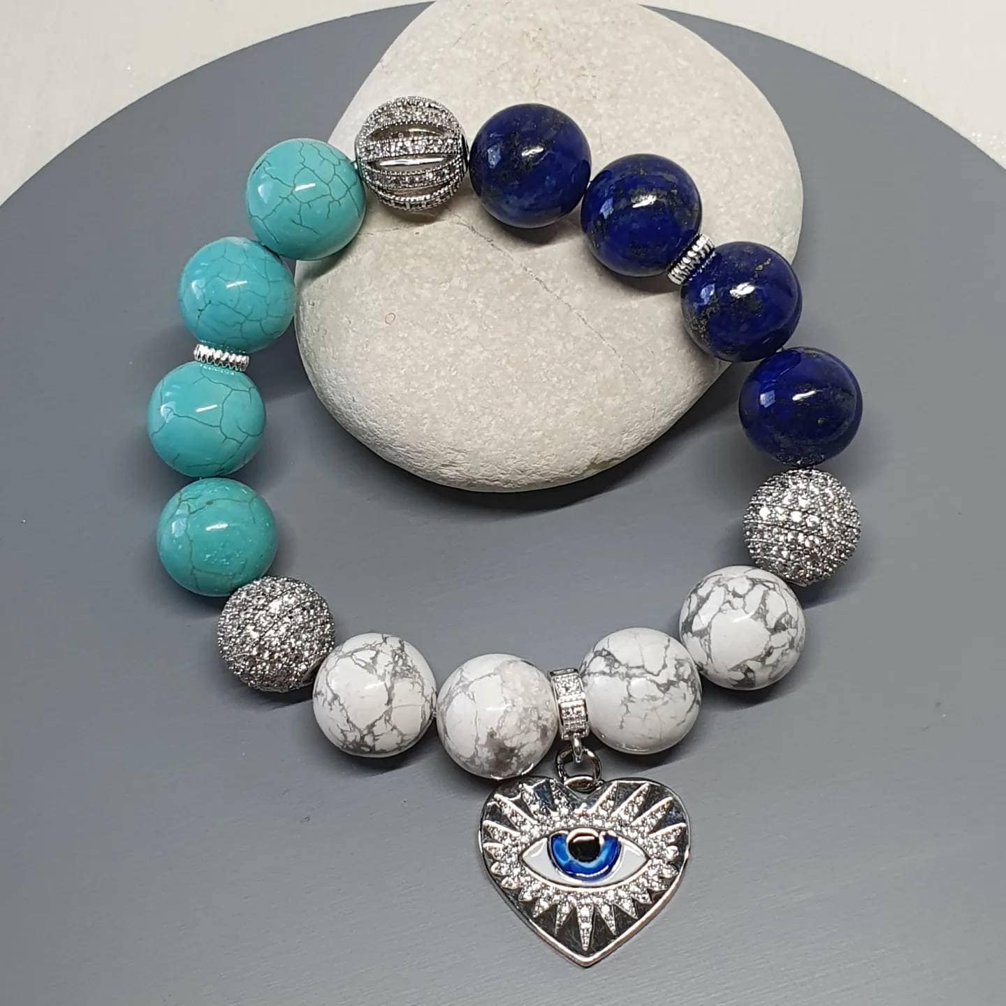 Handcrafted bracelet with High Quality White Howlite(12mm), High Quality Lapis Lazuli and Blue Turquoise
