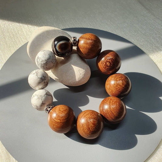 Handcrafted Men/ Unisex bracelet with High Quality White Howlite(16mm), Black Striped Agate and Vietnam Rosewood(20mm)