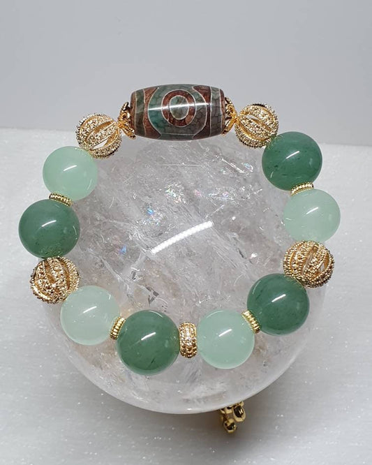 Handcrafted bracelet with natural vintage tibetan DZI bead, Green Aventurine (15mm) and Green Chalcedony (14mm)