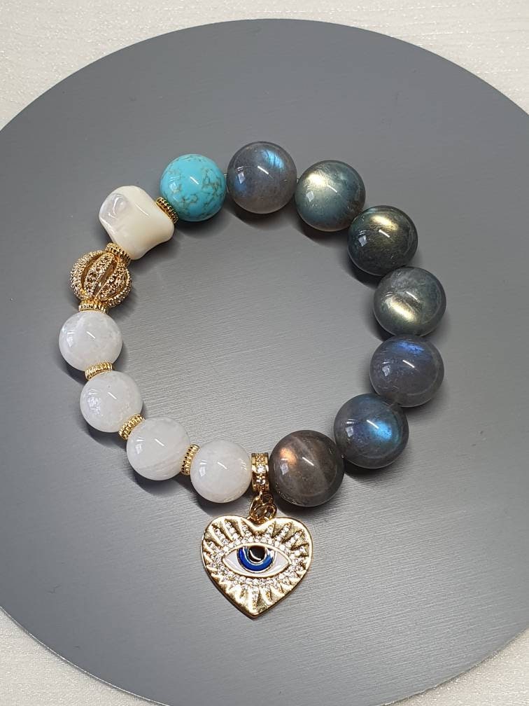 Handcrafted bracelet with premium quality Blue Light Grey Moonstone (14mm) and White Moonstone, Mother of Pearl and Blue Turquoise