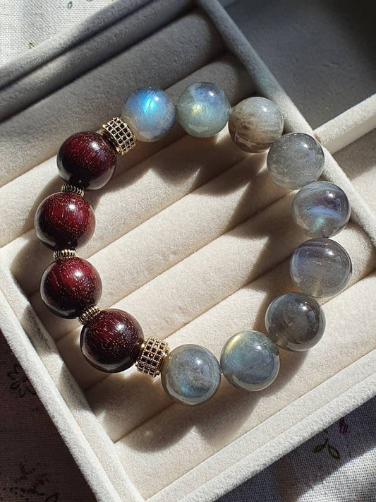 Handcrafted men/ unisex bracelet with premium quality Blue Light Grey Moonstone (14mm) and African Sandalwood (15mm)