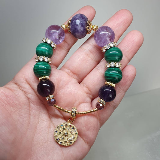 Handcrafted bracelet with Malachite, Lepidolite, Ametrine and Amethyst