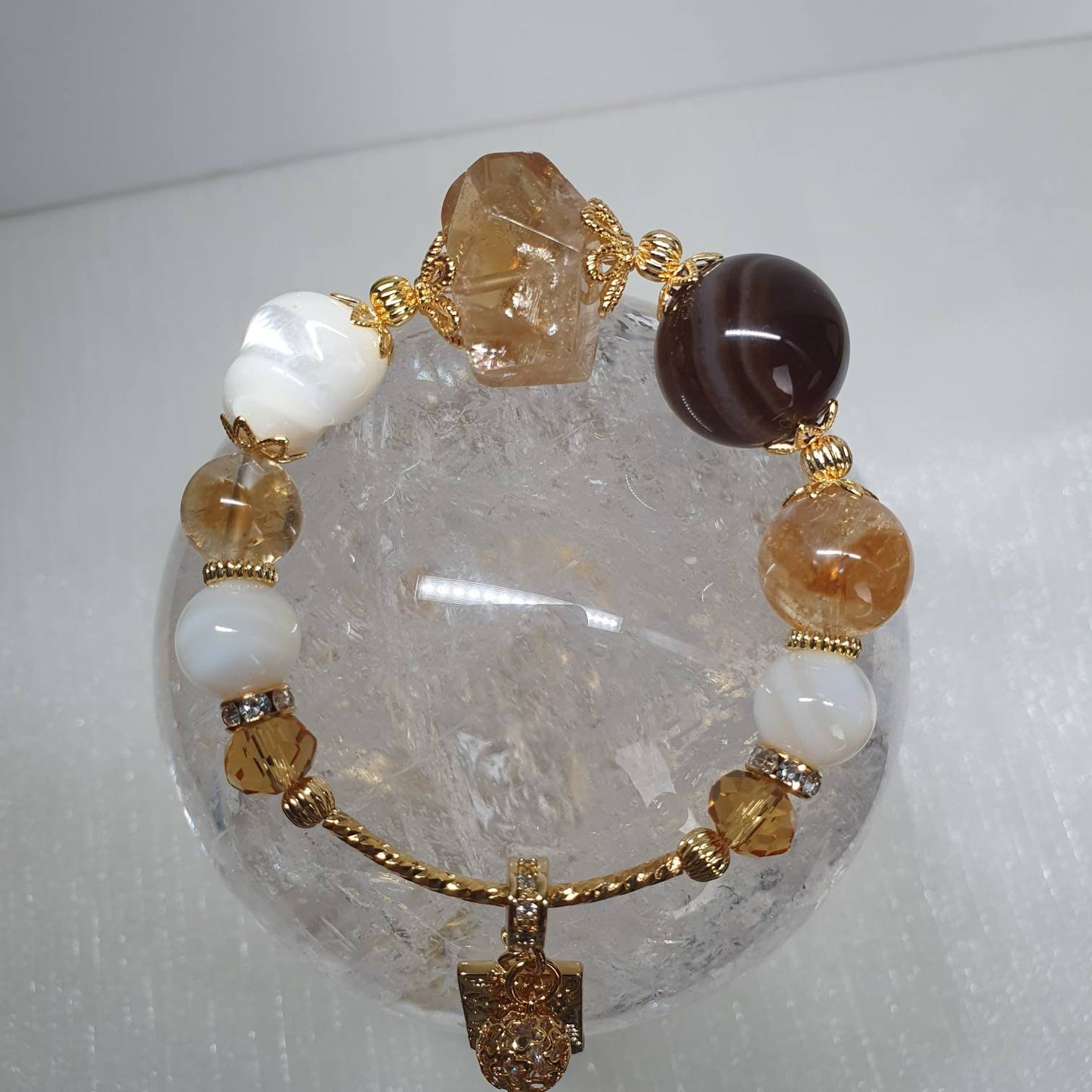 Handcrafted bracelet with Citrine, Black Striped Agate and Mother of Pearl