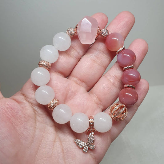 Handcrafted bracelet with White Jade, Rose Quartz and Yanyuan Agate