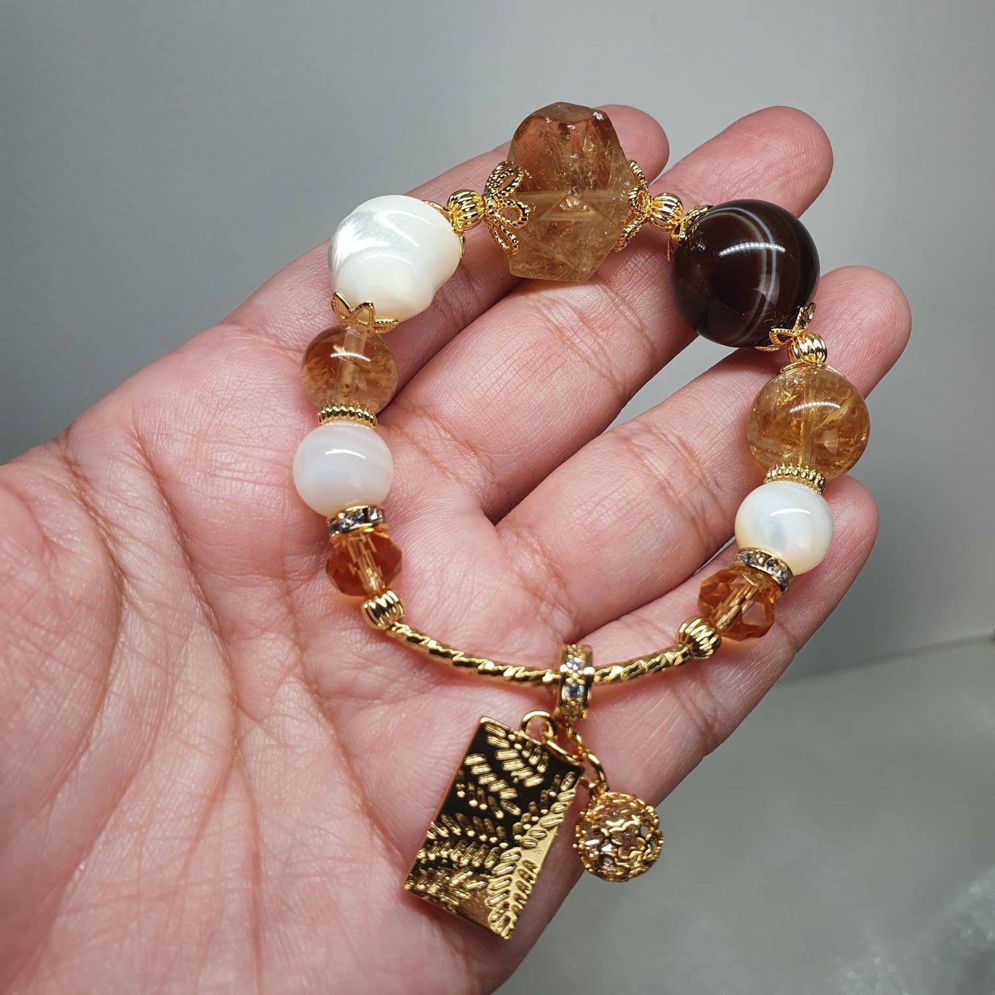 Handcrafted bracelet with Citrine, Black Striped Agate and Mother of Pearl